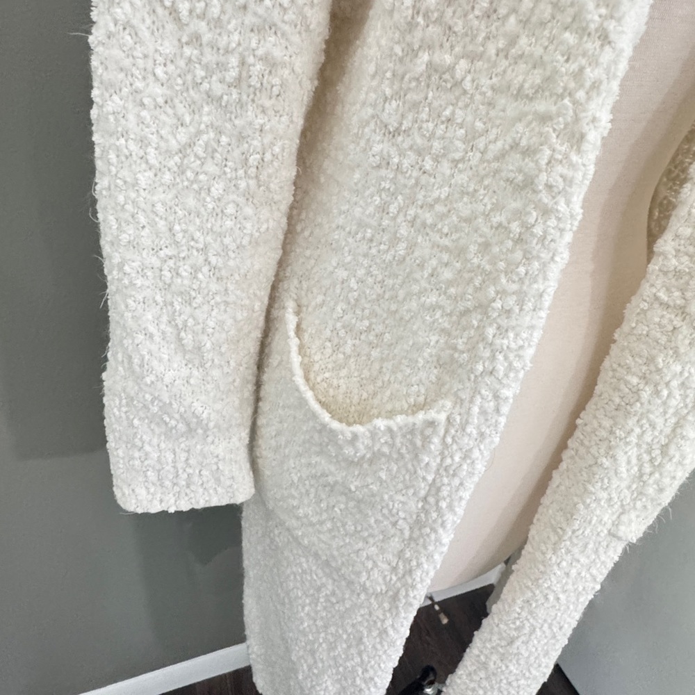 BiBi Ivory Bouclé Open-Front Long Cardigan. Super soft. Front pockets Sz L - Picture 2 of 4